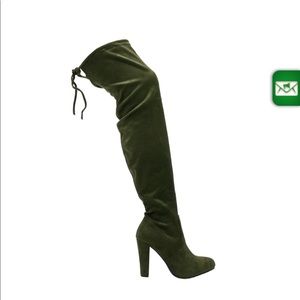 Olive green knee high heeled boots